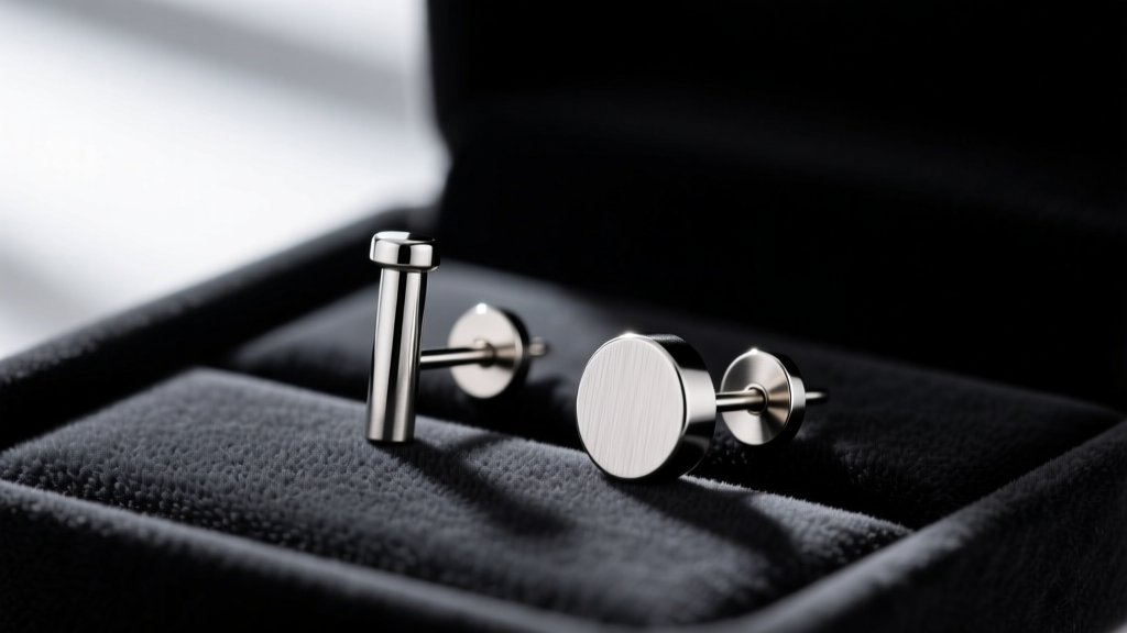 Side profile of a 22-gauge commercial earring ear stud next to a 16-gauge titanium flat back labret resting on a dark velvet tray.