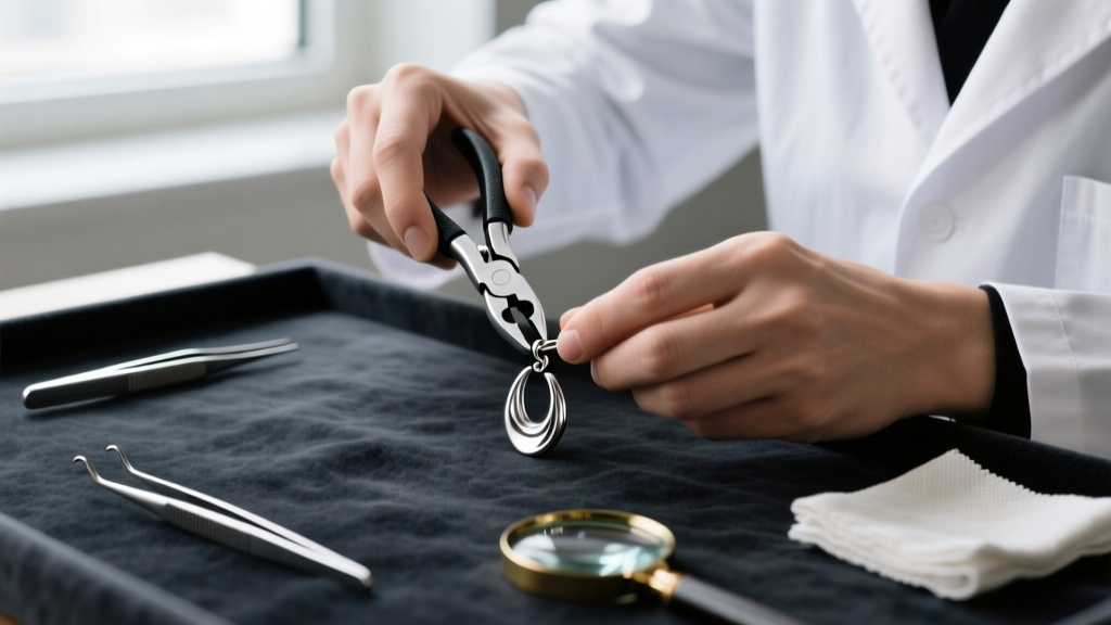 Jeweler using nylon-jaw pliers to adjust a stuck sterling silver leverback earring hinge on a dark velvet workbench