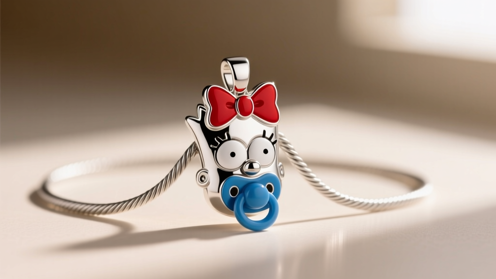 Sterling silver Maggie Simpson pendant with her iconic red bow and blue pacifier resting on a polished 1.5mm silver cable chain.