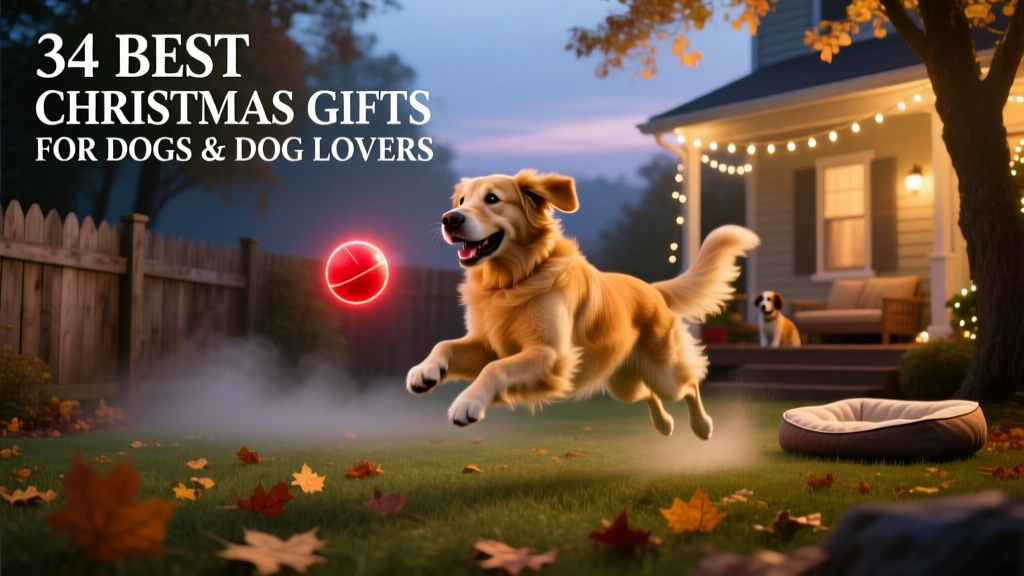 A golden retriever happily fetching a glowing ball in a twilight backyard