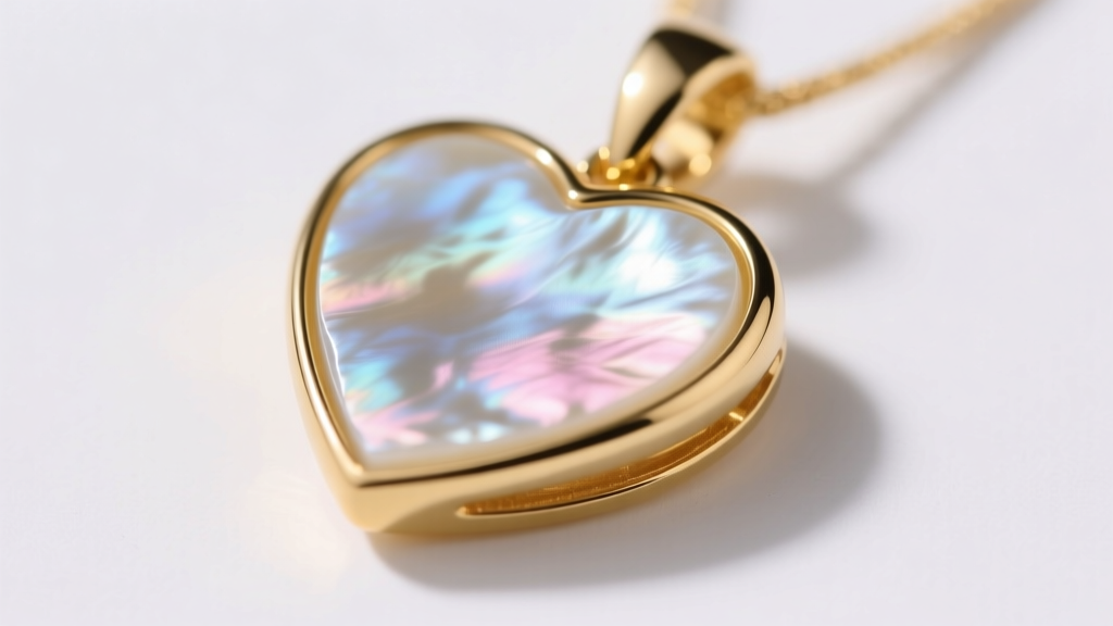 Close-up of a 14k yellow gold bezel setting securely wrapping the edges of a carved mother of pearl heart pendant in studio light.