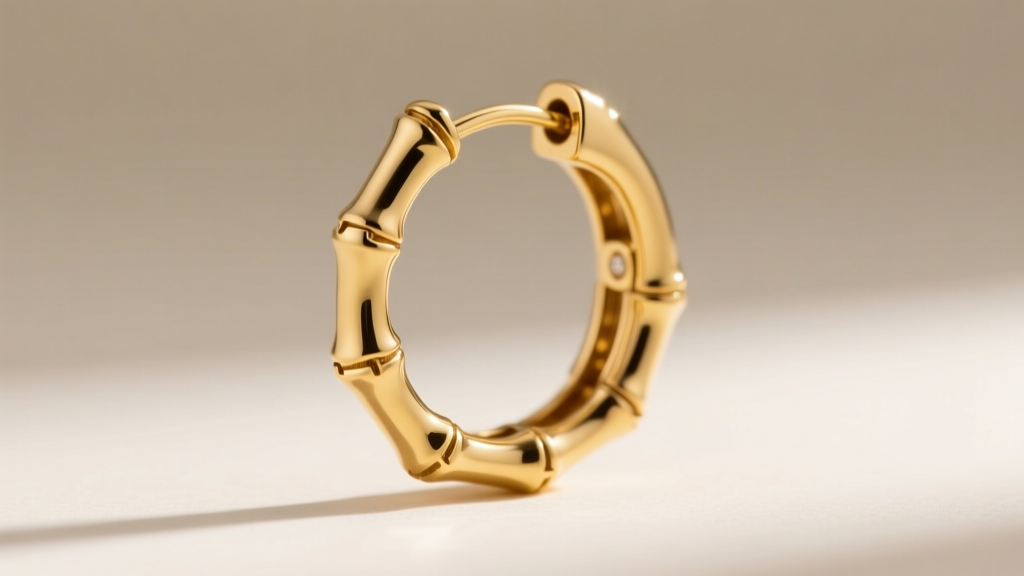 Macro shot of a hollow 14k gold bamboo hoop earring clasp, revealing the intricate snap-barrel hinge mechanism in sharp focus.