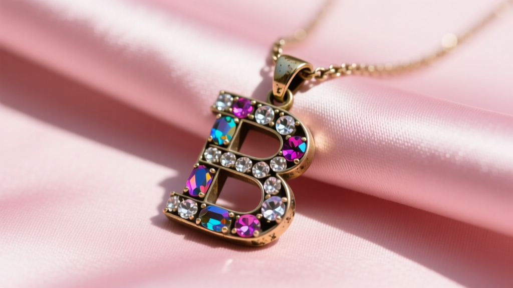 Vintage 2004 Bratz rhinestone B pendant necklace on pink satin, showing slight base metal tarnish and a few missing glass stones