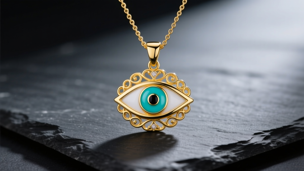 Solid 14k yellow gold evil eye good luck necklace on dark slate, soft lighting highlighting the bright turquoise enamel center.