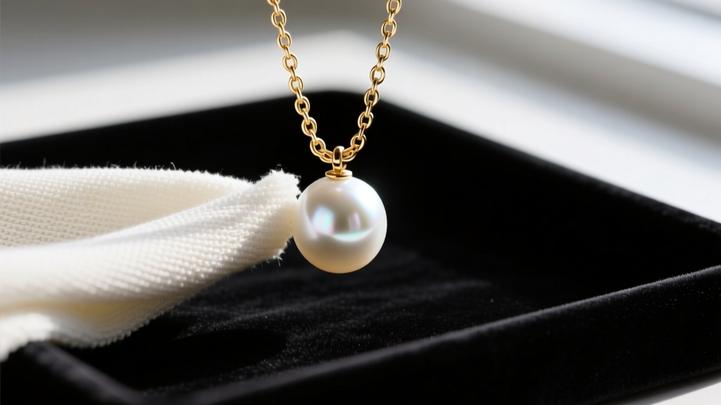 Macro shot of a microfiber cloth gently polishing a white pearl attached to a delicate 14k gold chain on a dark velvet tray.