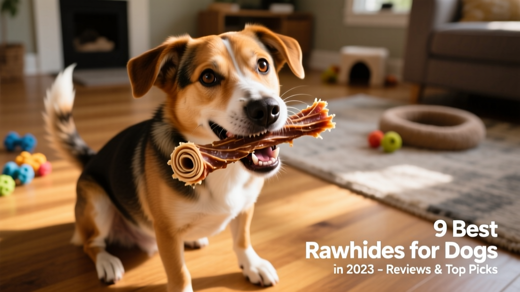 A medium-sized dog happily gnawing on a tightly rolled FurPetVo rawhide chew, showing engagement and relaxed posture
