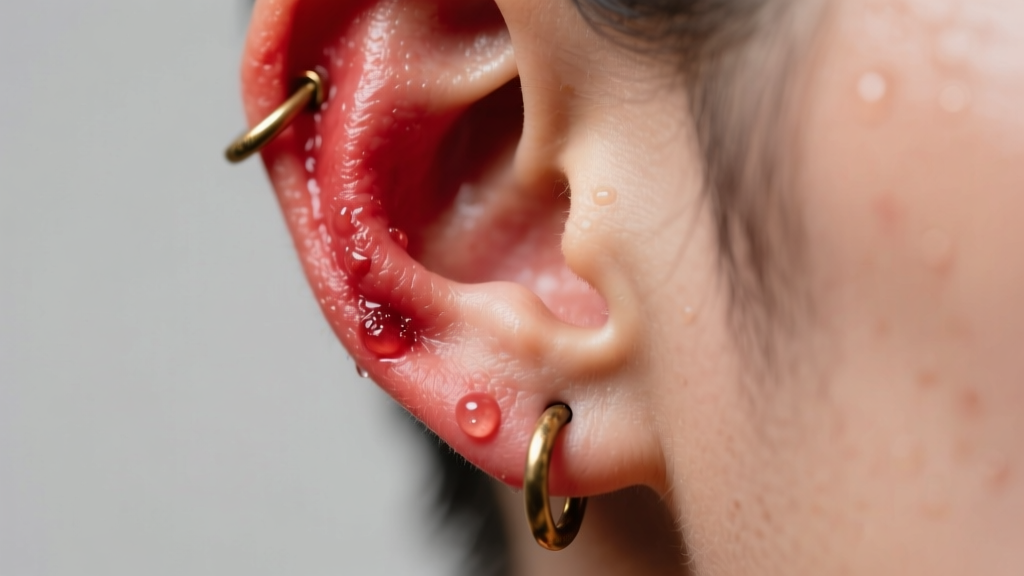 Red swollen earlobe wearing a cheap brass earring, showing earring infection symptoms under soft, diffused studio lighting setup