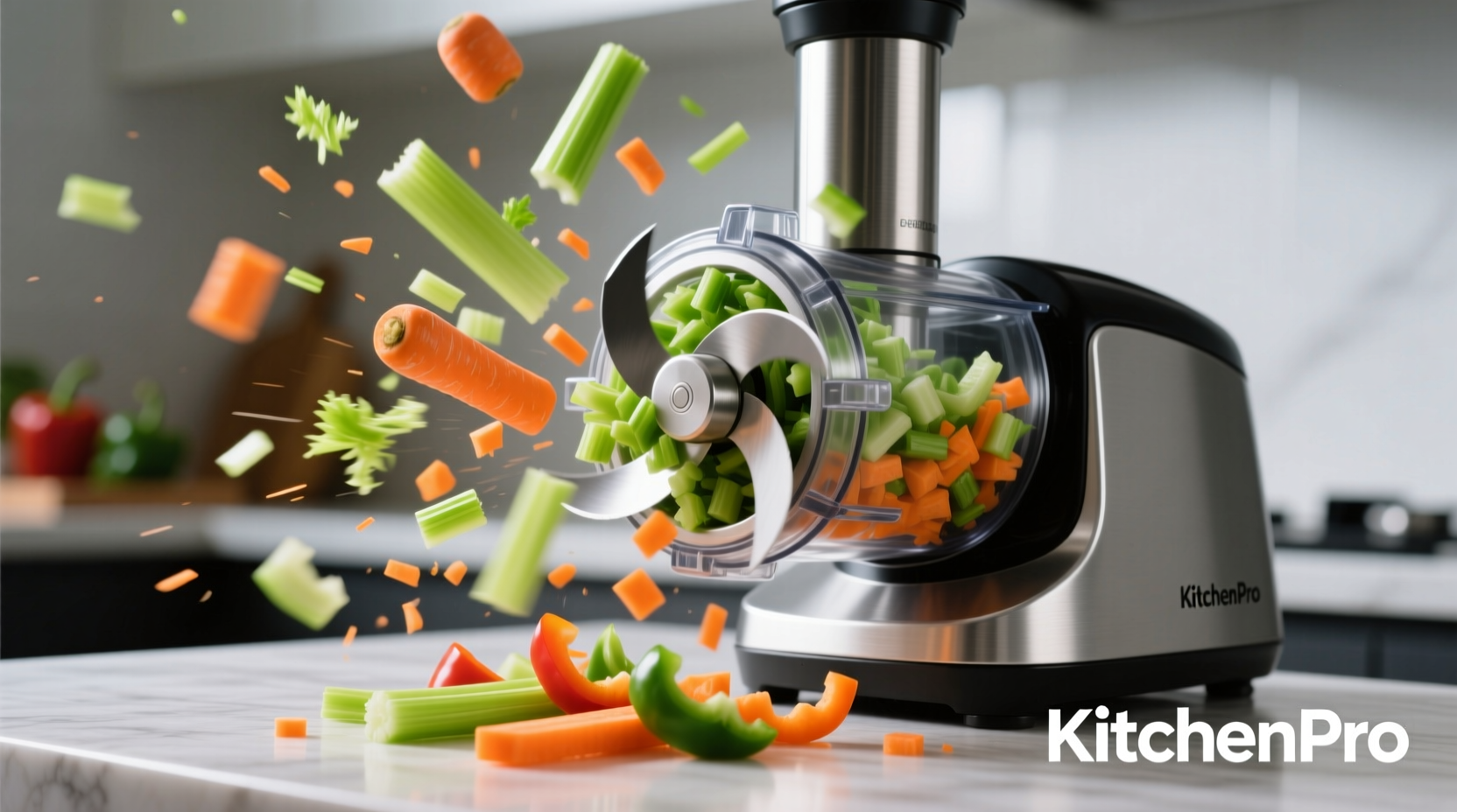 Food processor chopping vegetables with precision