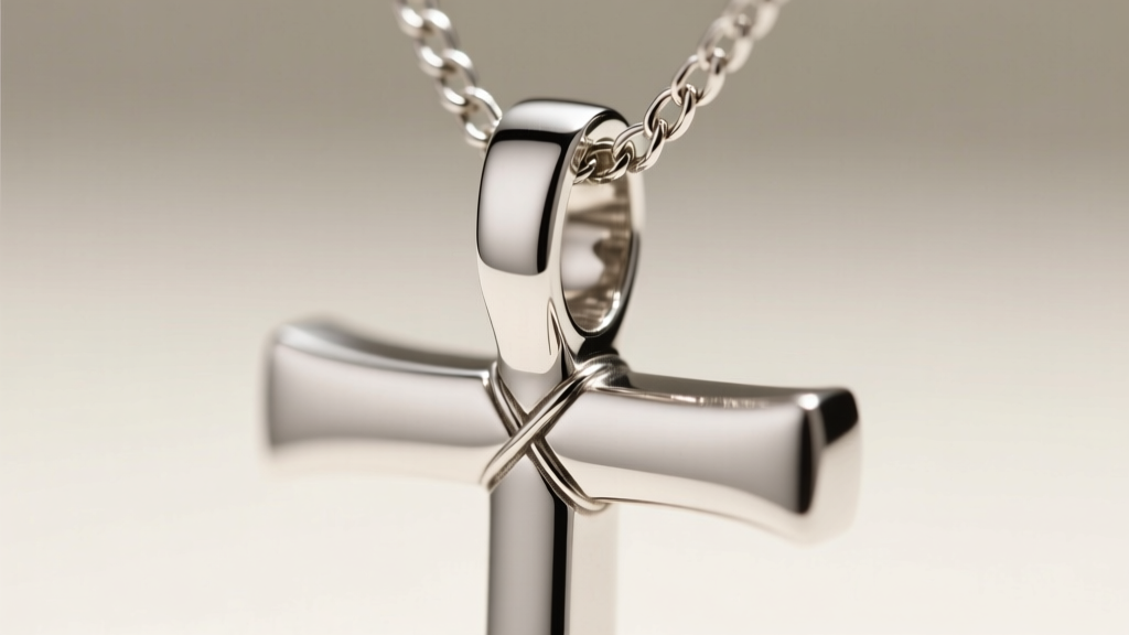 Close-up of a hidden bail connecting a platinum cross to a 1.5mm box chain, highlighting the secure laser-welded connection joints.
