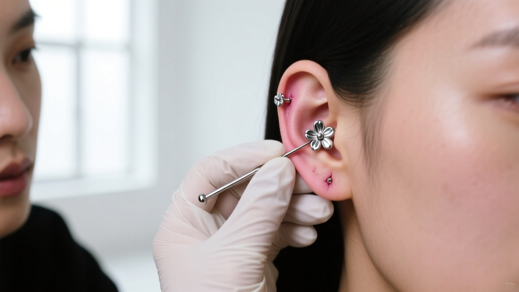 Professional piercer in a sterile studio gently inserting an 18-gauge anodized titanium flower stud into a healing earlobe.