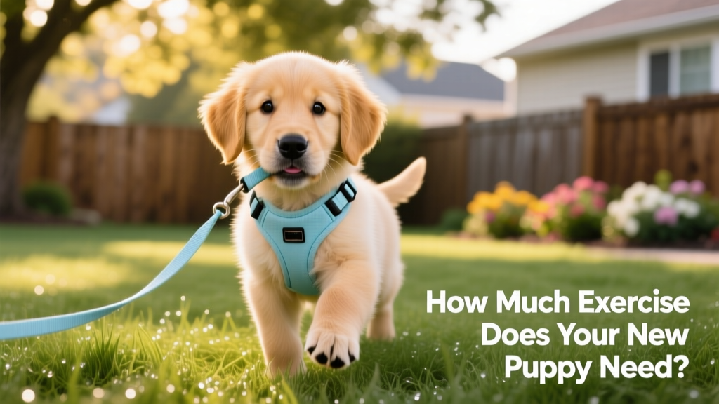 Close-up of a puppy wearing a soft, adjustable front-clip harness with a lightweight nylon leash, standing confidently on grass