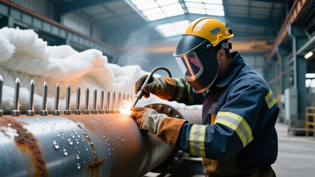 Industrial contractor in full PPE welding insulation pins onto a large steel steam pipe before applying ceramic fiber blanket insulation