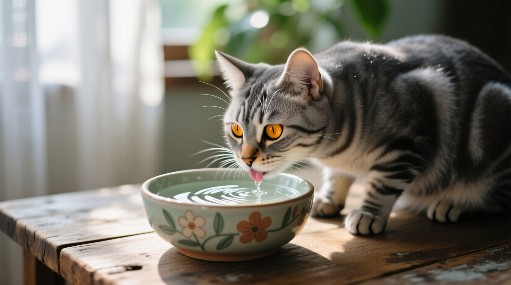 Cat drinking fresh water from ceramic bowl