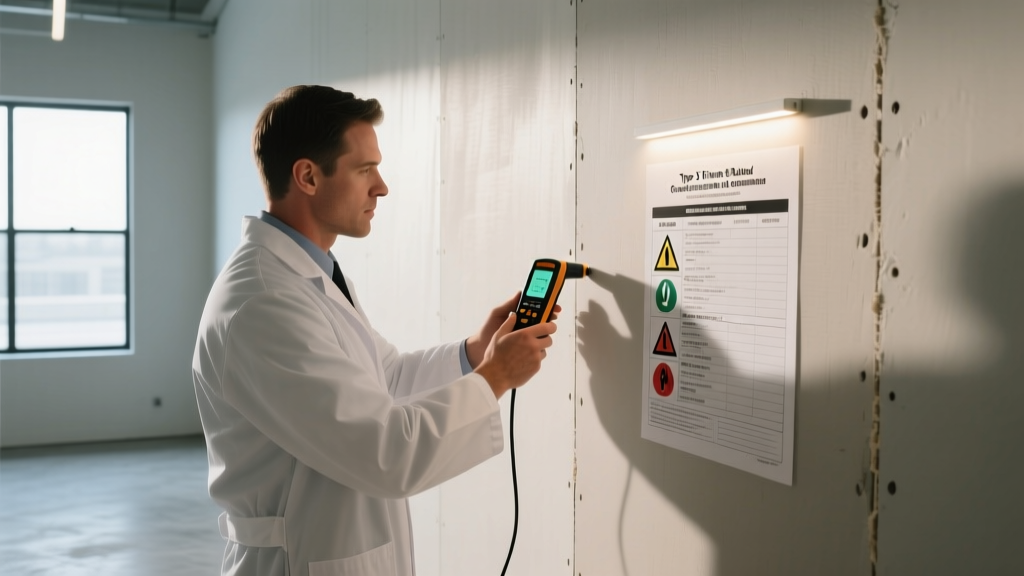 Inspector examining a painted Type X fire-rated gypsum board wall with a digital moisture meter and illuminated code checklist