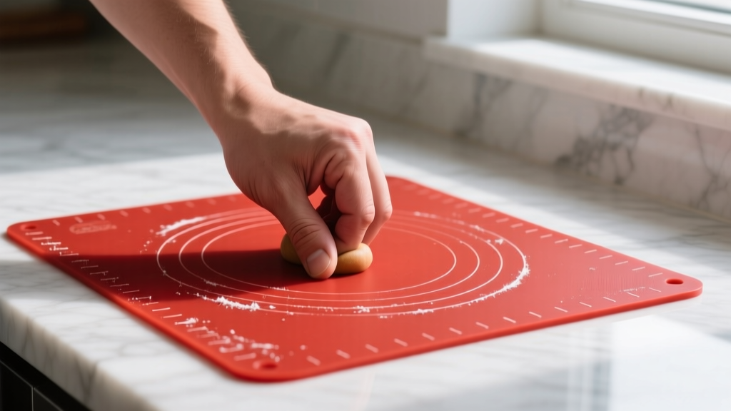 Baker pressing thumb into vibrant red platinum-cured silicone baking mat on marble countertop to test for white filler streaks