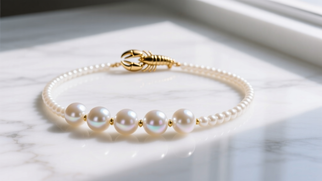 Minimalist eNewton pearl necklace on white marble, showing 5mm round freshwater pearls and a delicate 14k gold-filled lobster clasp.