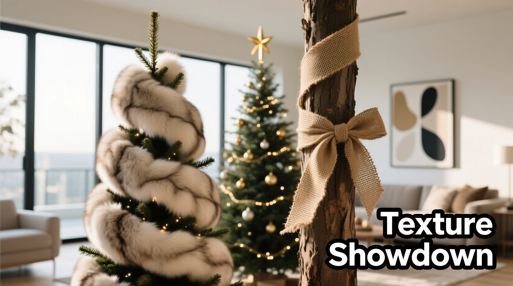 faux fur tree wrap vs burlap ribbon which adds more texture without looking dated