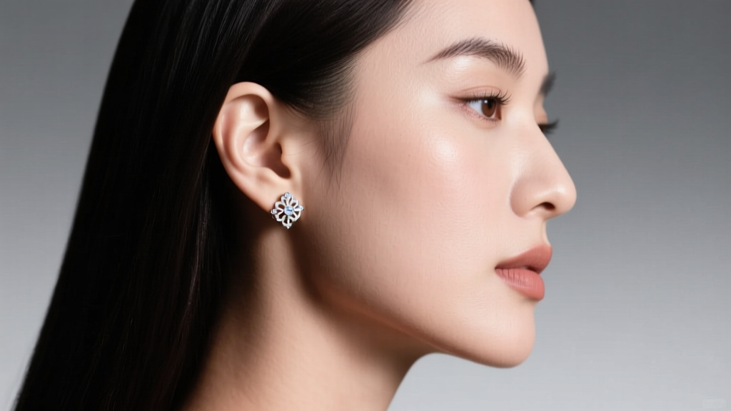 Side profile of a woman wearing a diamond stud secured with a white gold La Pousette back, soft studio lighting illuminating ear.