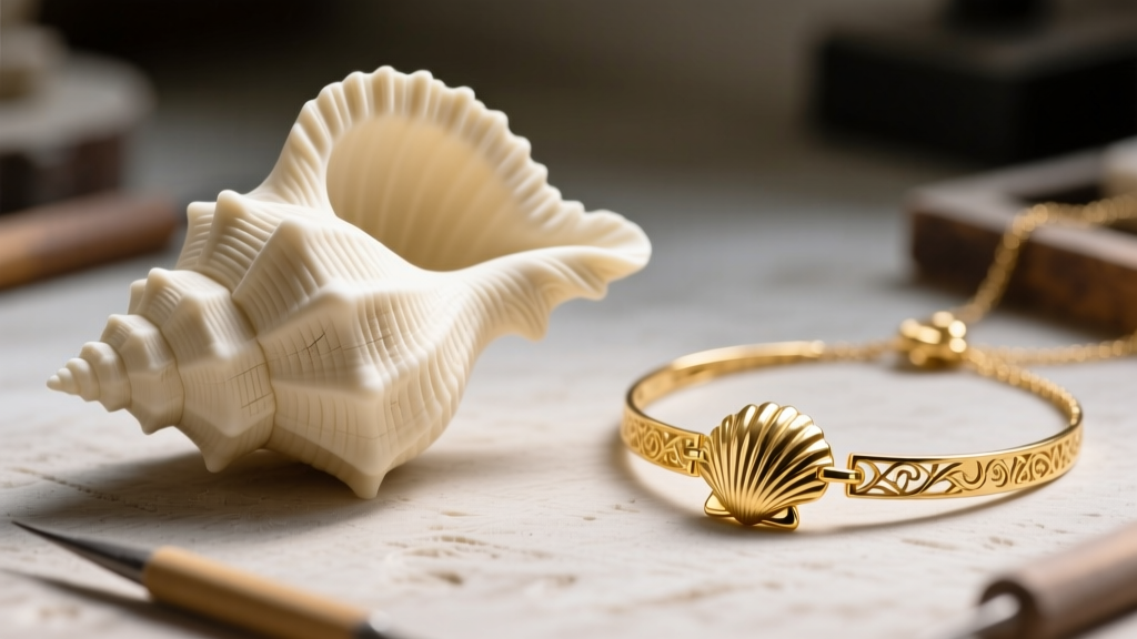 Jeweler bench showing a wax scallop shell model next to a 14k gold seashell necklace, illustrating the lost-wax casting process