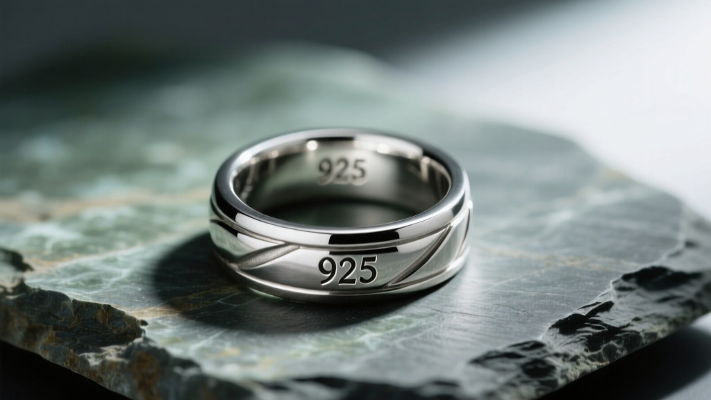 Macro view of a heavy sterling silver ring on slate, focusing on a crisp 925 stamp inside the band under moody lighting.