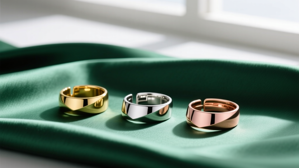 Flat lay of three metallic scarf slide rings in gold, silver, and rose gold resting on a folded emerald green silk scarf texture.