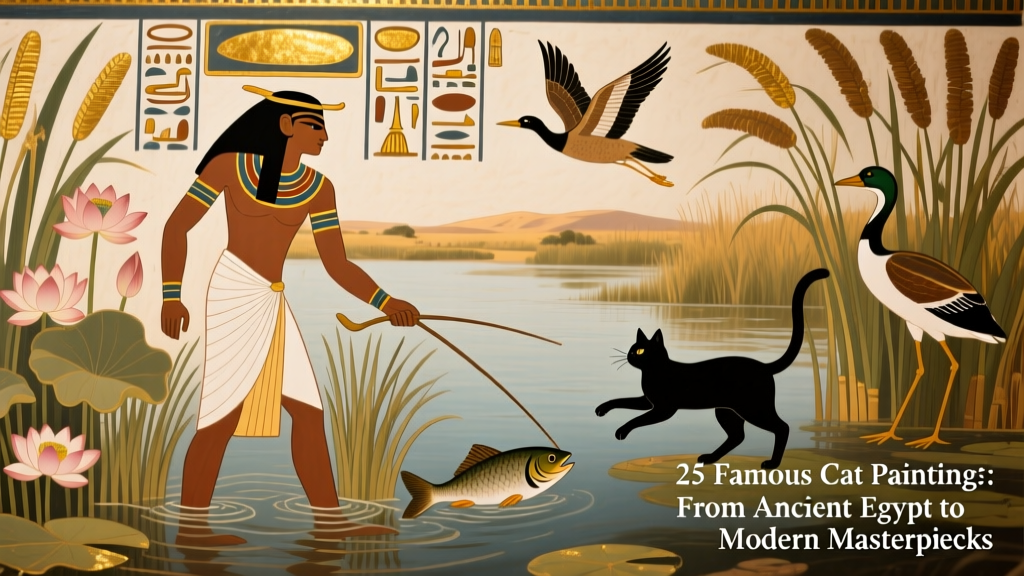 Ancient Egyptian tomb painting showing Nebamun hunting in the Nile marshes with a cat catching birds