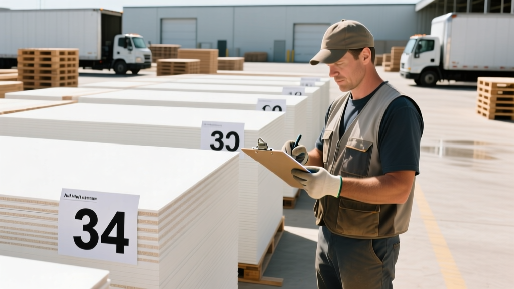 Stacks of half-inch gypsum boards in a lumber yard with pricing tags and a contractor reviewing a cost estimate clipboard in bright daylight