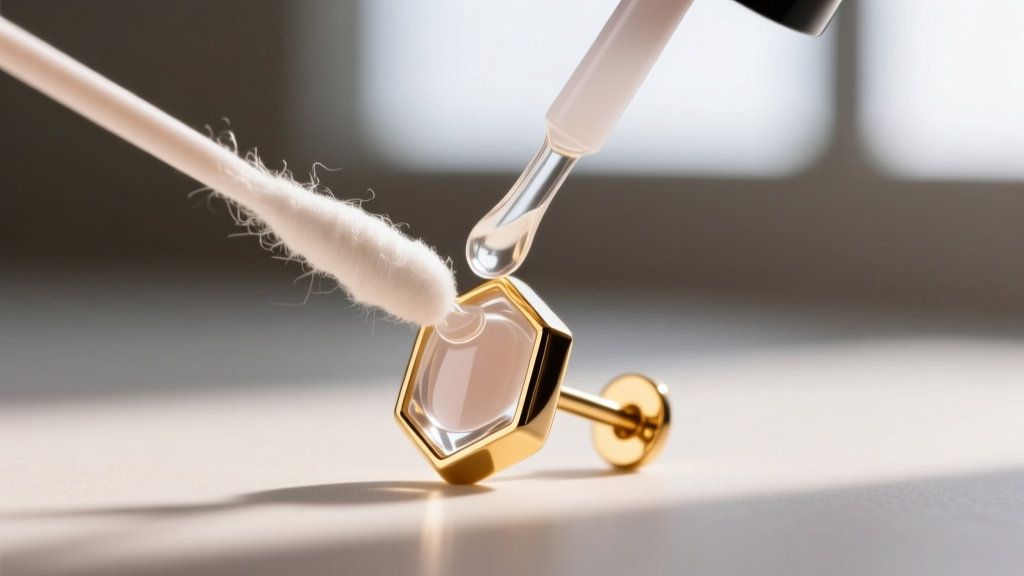 Cotton swab applying clear nail polish to a gold-plated earring post to create a hypoallergenic barrier for sensitive earlobes