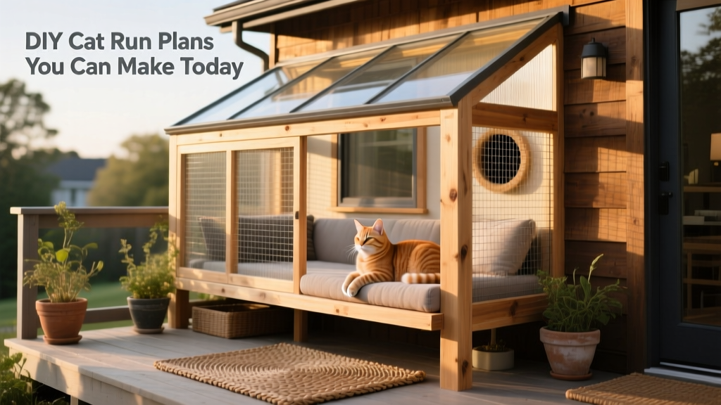 A finished porch-attached catio with cedar frame, wire mesh walls, clear roof, and a cat lounging on a built-in shelf