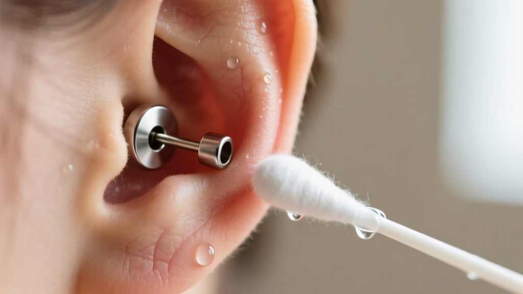 Macro shot of a metal friction earring back stuck on a swollen earlobe, next to a cotton swab soaked in sterile saline solution