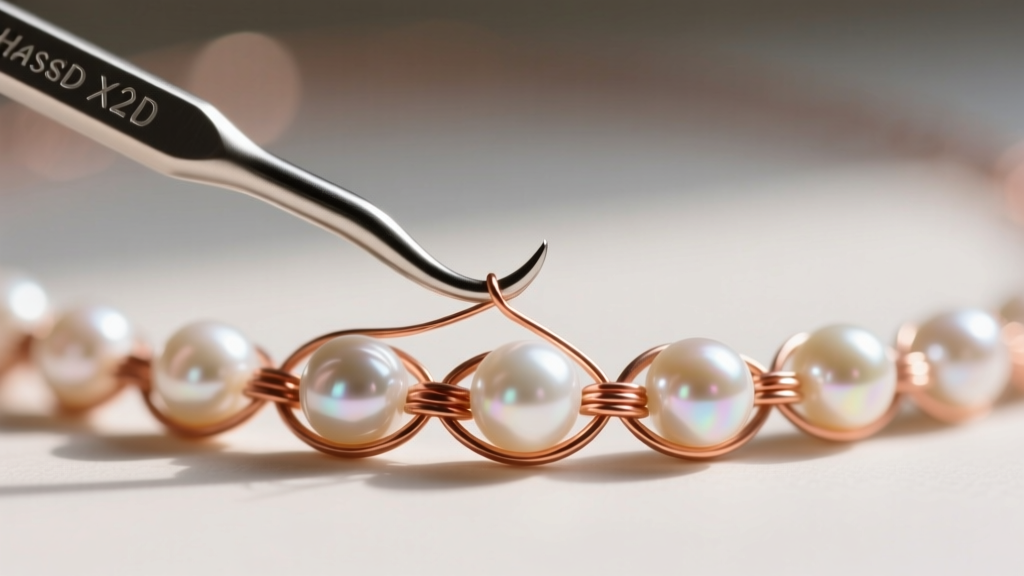 Close-up of a 1.5mm steel crochet hook weaving 28-gauge tarnish-resistant copper wire and freshwater pearls into a lariat necklace