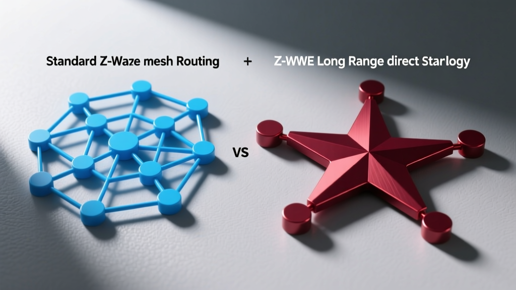 Network topology diagram comparing standard Z-Wave mesh routing with Z-Wave Long Range direct star topology connections.