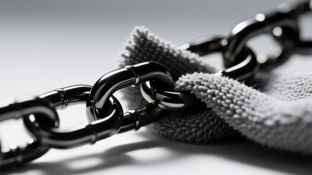 Macro shot of a microfiber cloth wiping a PVD black titanium chain link, highlighting the dark metallic texture and smooth finish.