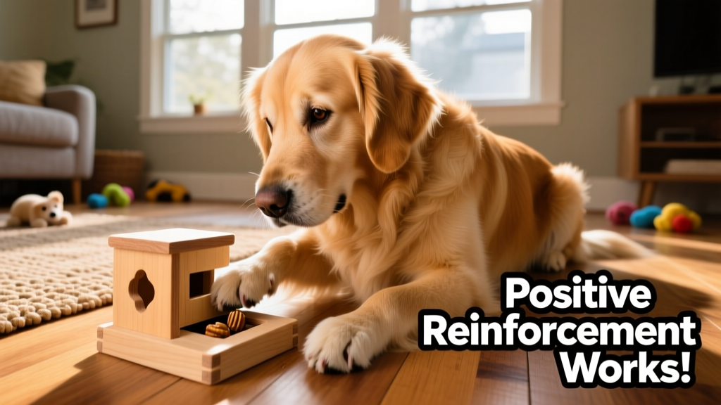 Dog solving a simple puzzle toy during a training session