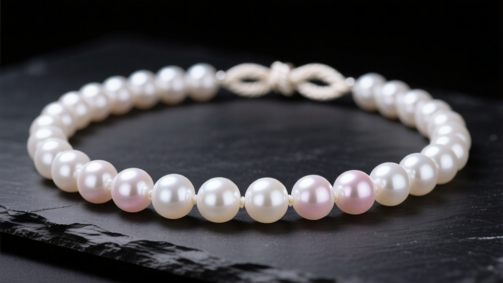Close-up of a white Akoya graduated pearl necklace on dark slate, highlighting smooth luster and tight silk knots between pearls.