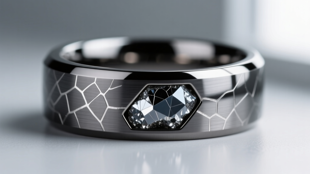 Close-up of a polished tungsten carbide band featuring a Gibeon meteorite inlay with distinct Widmanstätten metal patterns.