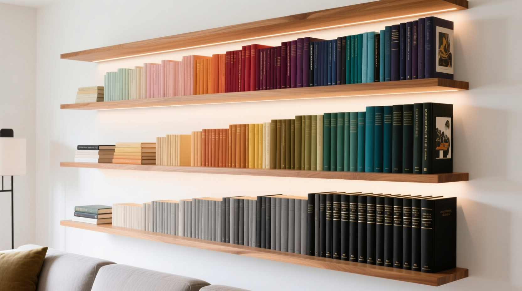 how to arrange books on shelves aesthetically by color and size