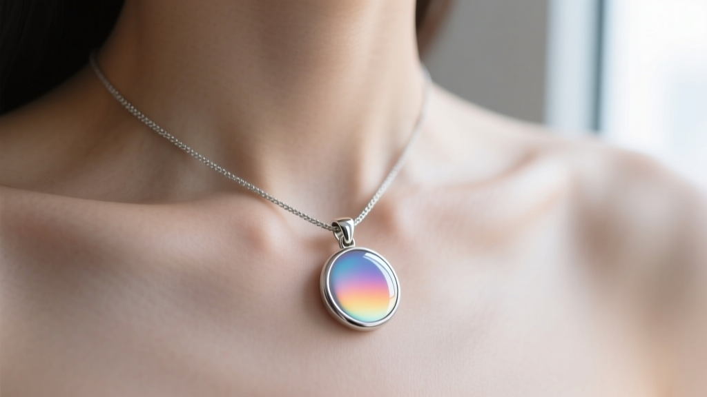 Silver mood pendant resting flat against a collarbone, demonstrating proper skin contact for accurate thermochromic color shifts.