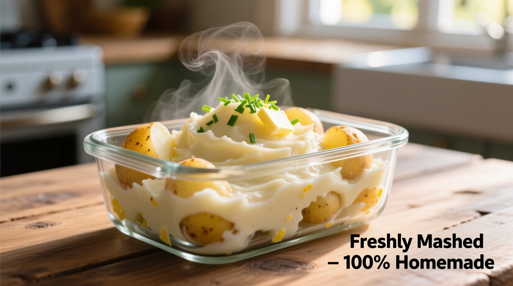 Fresh mashed potatoes in glass storage container