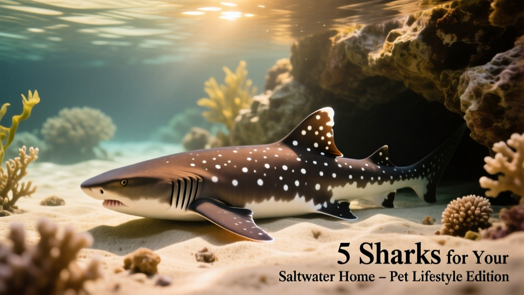 Side profile of a Whitespotted Bamboo Shark resting in a rocky crevice within a sandy-bottomed aquarium