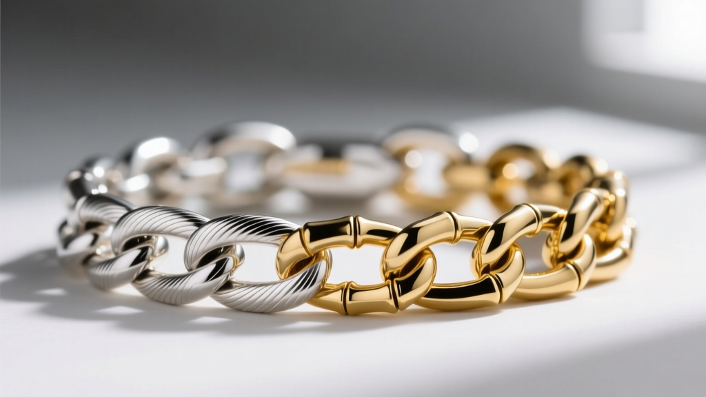 Macro shot of a two-tone John Hardy bamboo chain link showing contrast between brushed sterling silver and polished 18k gold.