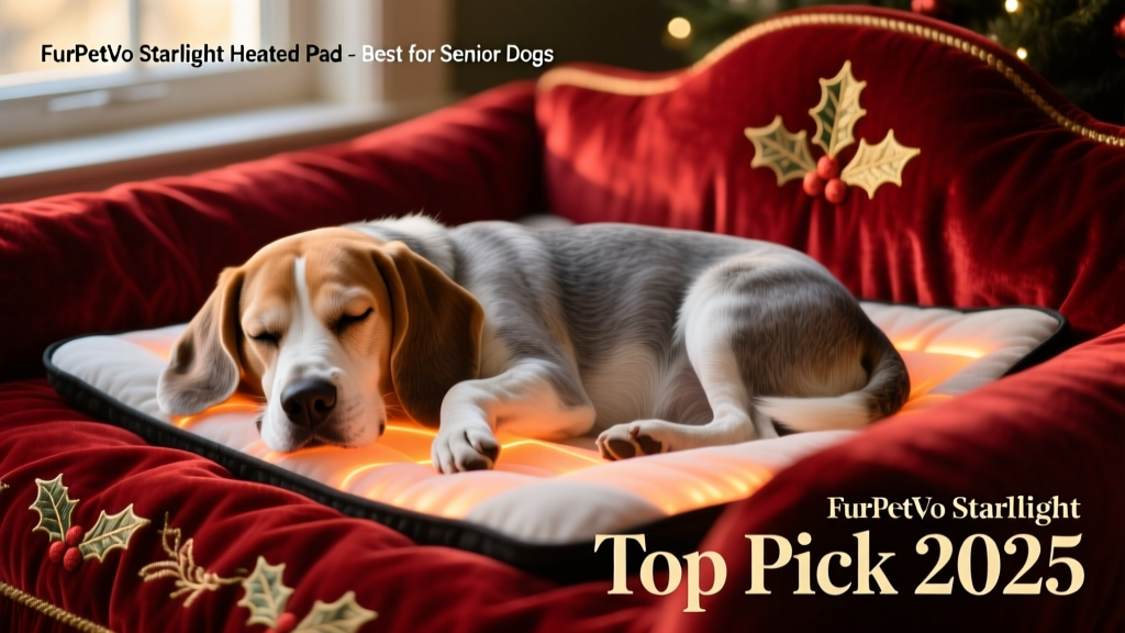 Close-up of a senior beagle resting peacefully on the FurPetVo Starlight Heated Pad inside a red velvet holiday bed