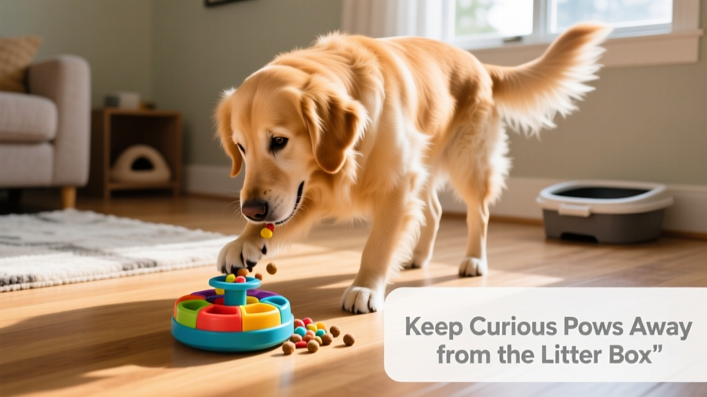 Dog interacting with a treat-dispensing puzzle toy on the floor