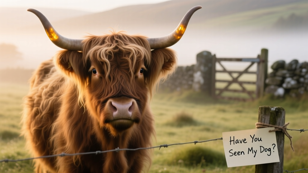 Close-up of a gentle-eyed Highland cow with lush, wavy brown fur and curved horns
