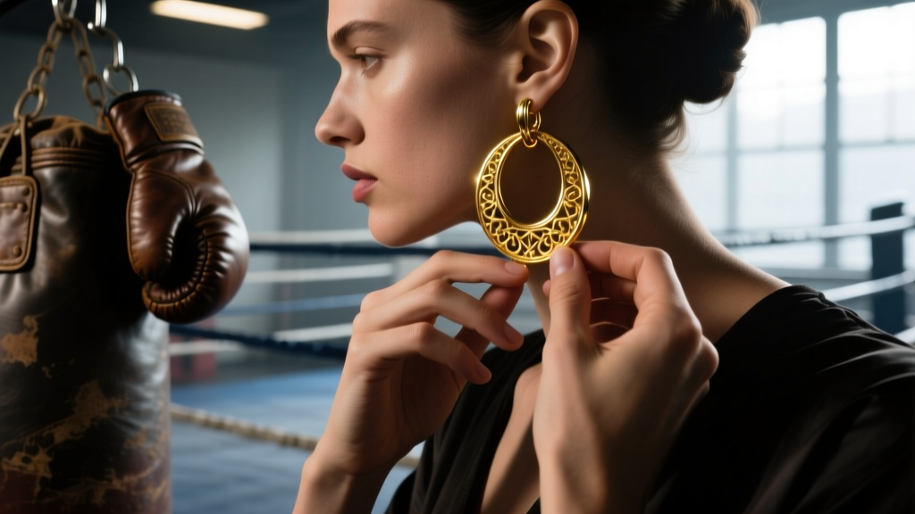 Close-up of hands removing large gold hoop earrings, cinematic lighting, blurred boxing gym background, dramatic moody atmosphere.