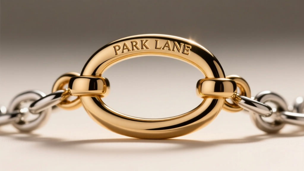 Macro close-up of a brass lobster clasp on a silver-tone chain showing the stamped PARK LANE hallmark on the oval jump ring