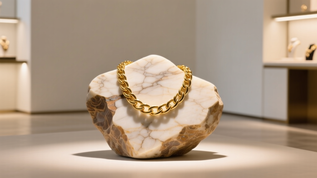 Gold chain necklace on stand carved from raw travertine stone, lit by warm 3000K spotlighting in a minimalist retail environment.
