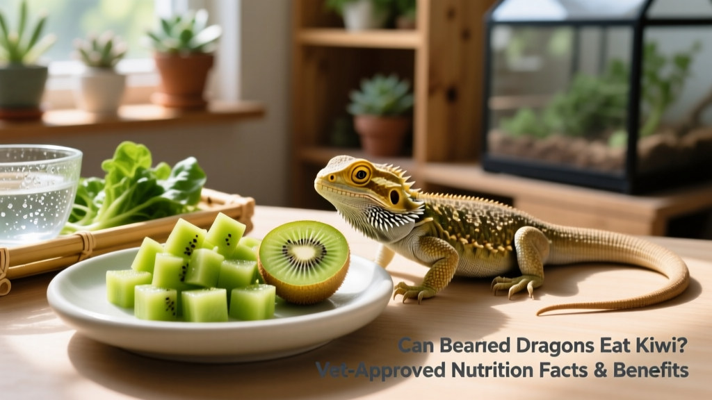 Close-up of diced kiwi fruit on a shallow ceramic dish next to a bearded dragon's feeding setup