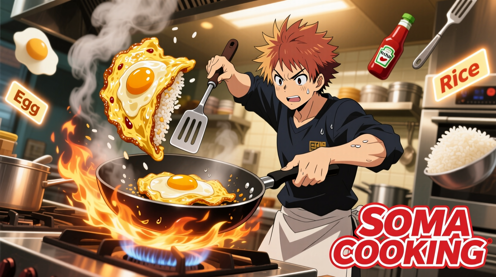 Food Wars anime scene showing Soma cooking omurice