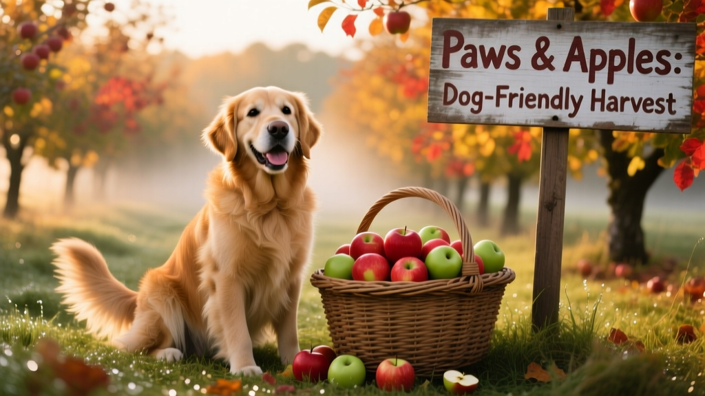 A golden retriever sitting happily beside a woven basket full of red and green apples in an orchard